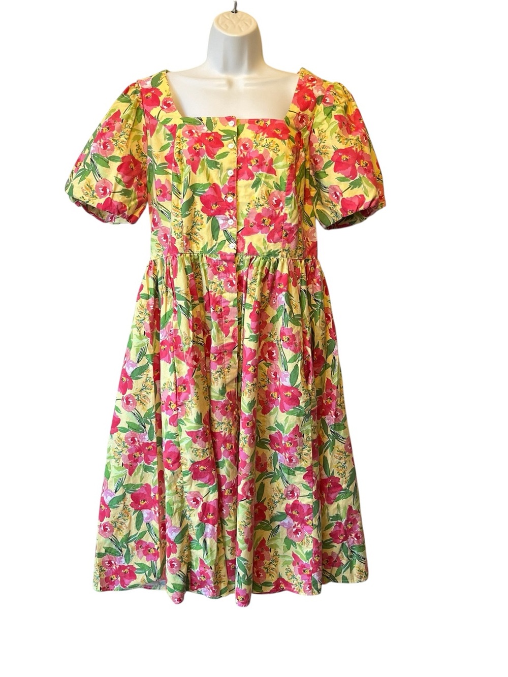 Recollections dress Medium Yellow pink floral Retro 50s womens 100% Cotton USA